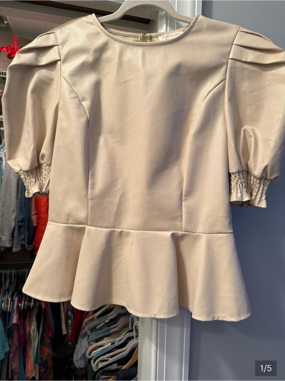 NEW-Flying Tomato- Faux Leather Peplum Top with Puff Sleeves - Cream size: